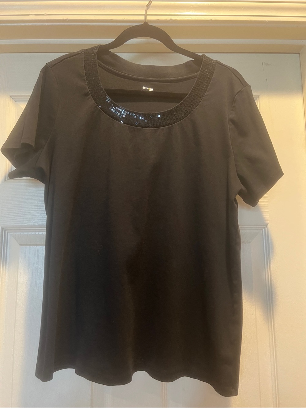 Style & Co. Black Short Sleeve Top with Sequin-Trim Scoop Neck